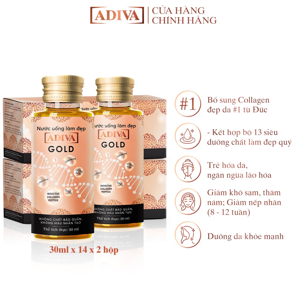 2 Hộp Nước Uống Làm Đẹp Collagen ADIVA Gold (14Chai/ Hộp)- Giúp Làn Da Căng Mịn, Giảm Nếp Nhăn Và Chống Lão Hóa