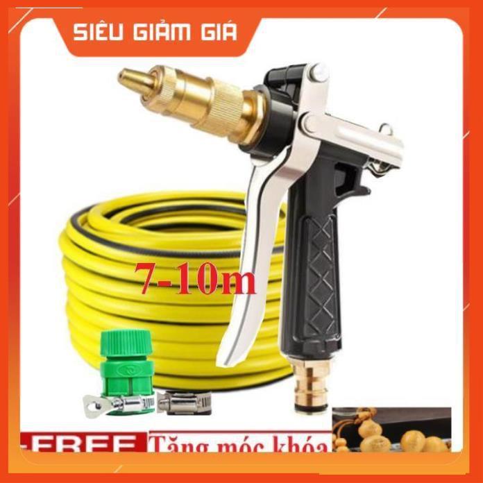 Bộ dây vòi xịt nước rửa xe, tưới cây . tăng áp 3 lần, loại 7m, 10m 206236 đầu đồng,đai+ tặng móc khoá