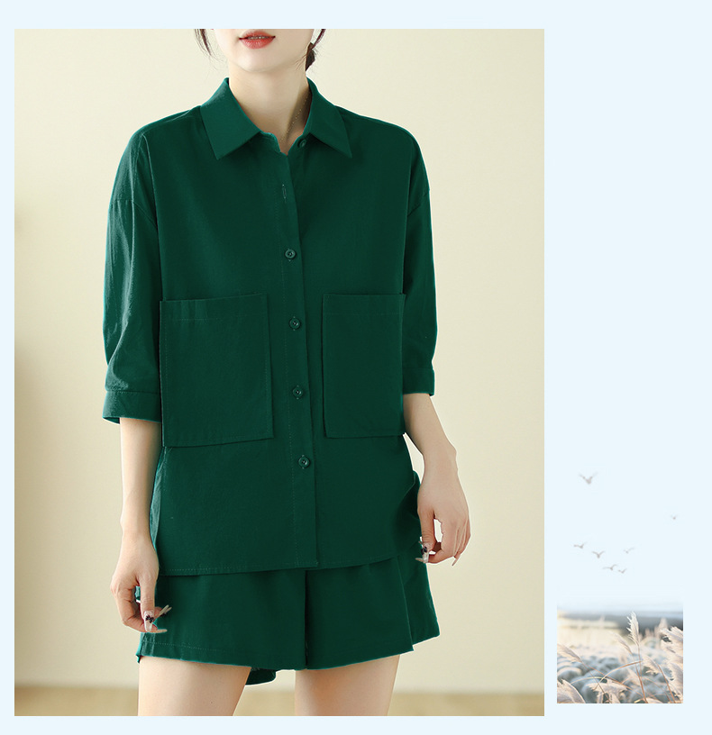 Bộ đồ cho nữ 2 chi tiết gồm áo sơ mi có túi và quần short dáng chữ A, set linen nữ hàn quốc