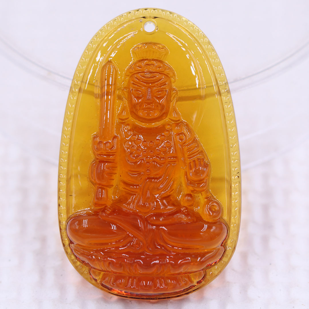 Mặt Phật Bất động minh vương pha lê cam 1.9cm x 3cm  kèm móc dây chuyền inox vàng, Phật bản mệnh, mặt dây chuyền Phật giáo