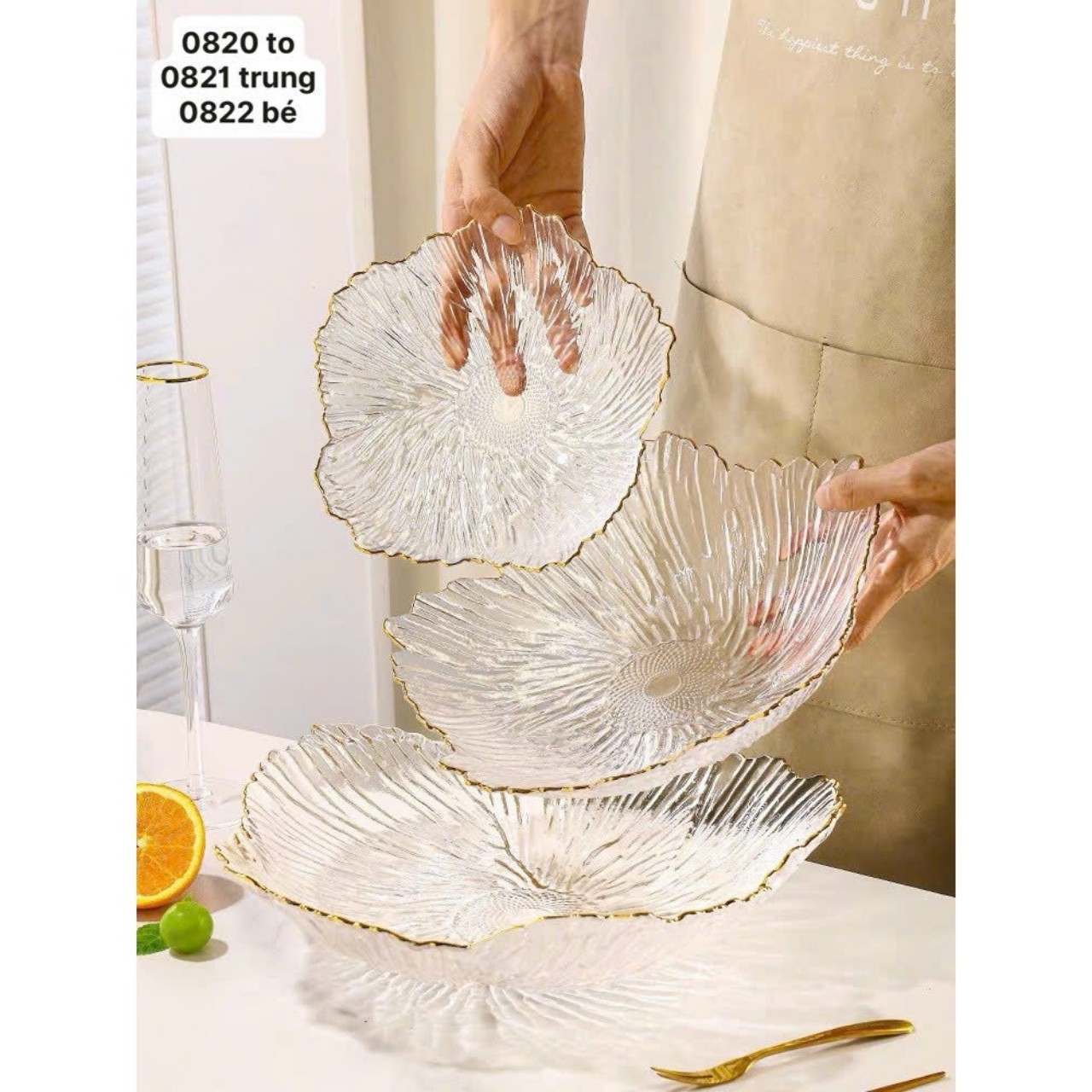 Set 3 Đĩa thủy tinh Decor chịu nhiệt - chịu lực borosilicate viền vàng cao cấp -Đĩa cánh hoa vân đá phong cách Hàn Quốc - HÀNG CHÍNH HÃNG MINIIN