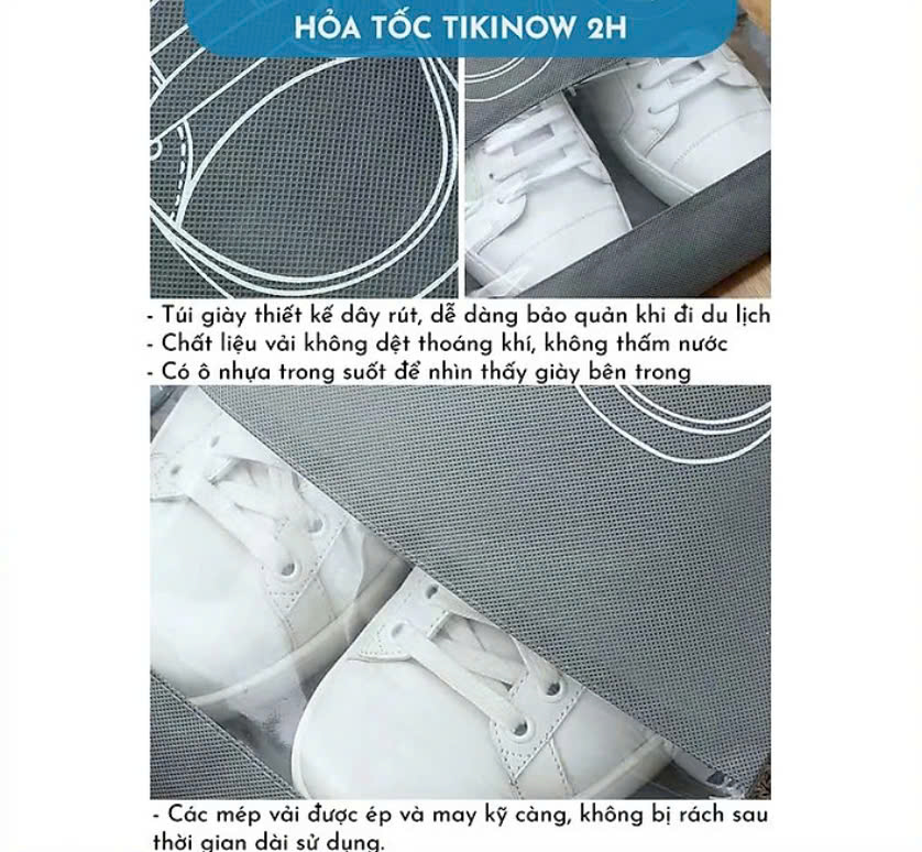 [Loại Dày] Set 2 Túi Vải Đựng Giày, Đồ Du Lịch Đa Năng Có Dây Rút, Chống Thấm Nước Màu Đen