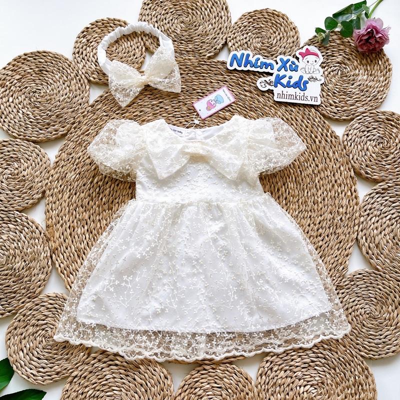 Váy Ren Thêu Nổi CAO CẤP Bé Gái 4 Đến 18kg Màu Kem Sang Trọng