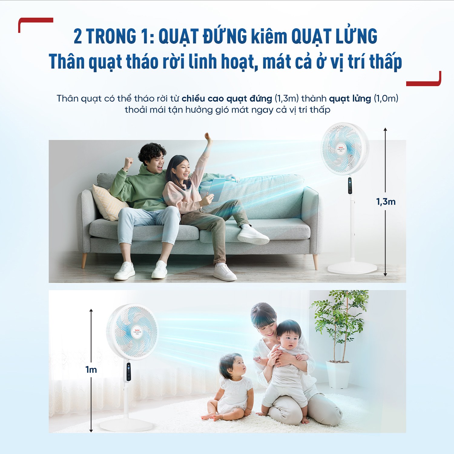 Quạt đứng có điều khiển từ xa Tefal Turbo Silence Plus VH689990 màu trắng cánh xanh - Hàng chính hãng
