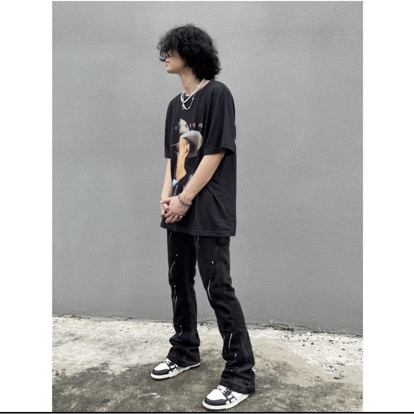Quần Jeans Ống Loe Xả Lai Vẩy Sơn PLAYAZ Phong cách Vinatge Xanh - Đen