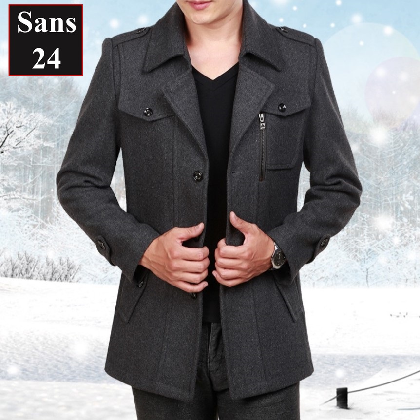 Áo khoác nam cao cấp Sans24 dạ len lông cừu ấm big size to đại 80kg 90kg 100kg màu đen nâu xám manto măng tô dáng ngắn