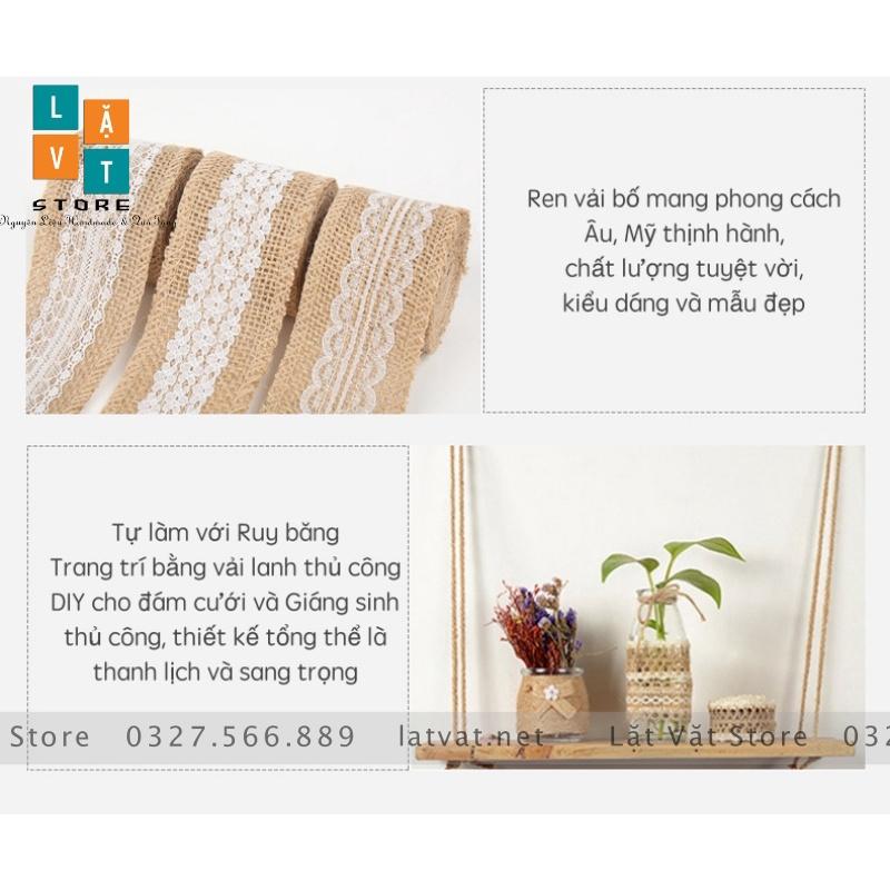 Ruy băng vải bố có ren trắng DIY trang trí, handmade, tiệc cưới, Giáng sinh làm từ sợi đay, ribbon Decor