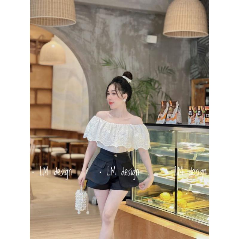 Áo trễ vai vải thô phối ren mềm mát_áo trễ vai kiểu_Sơmi trễ vai đẹp