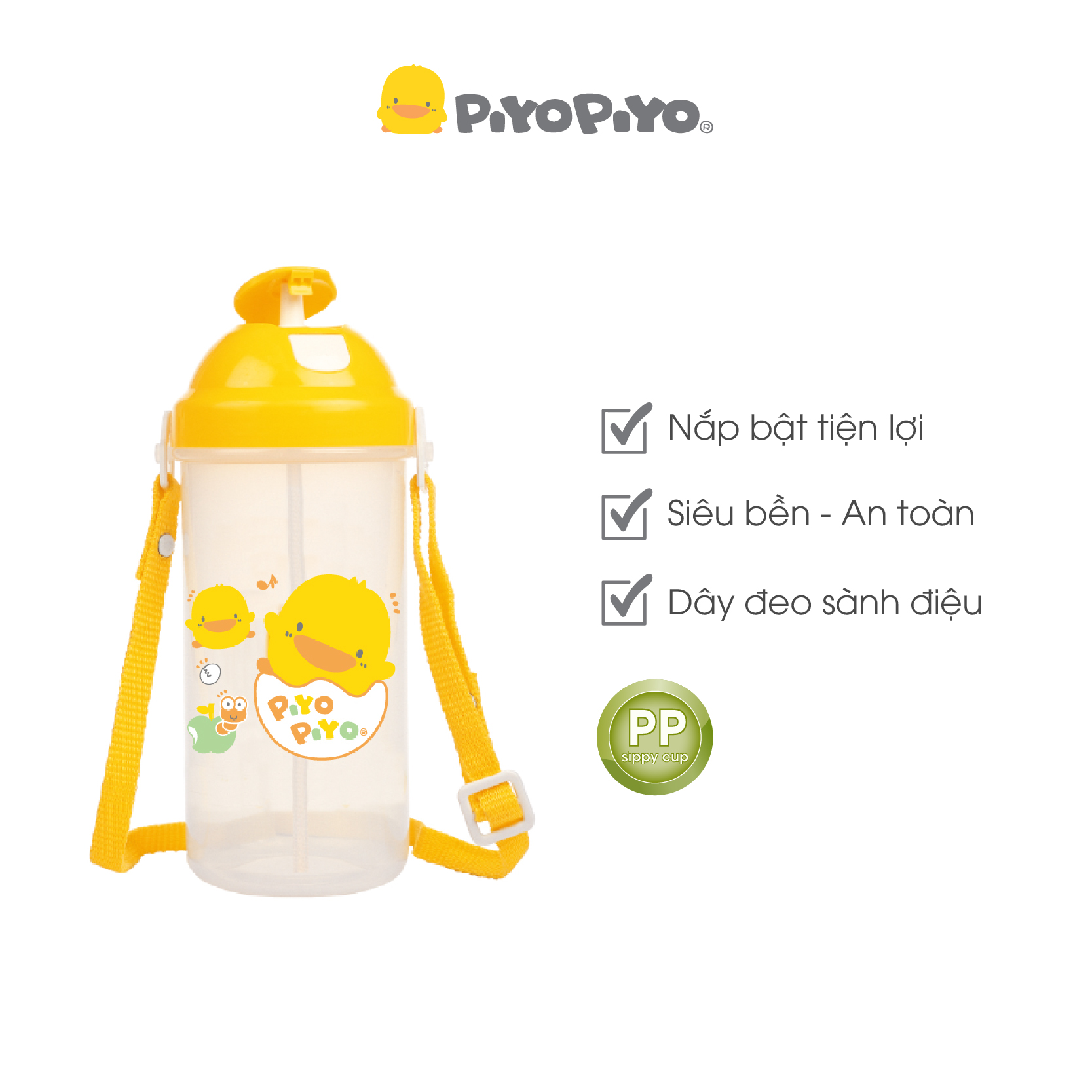 Bình nước đi học Piyo Piyo bấm nút mở ống hút có dây đeo 600ml - PY 830303