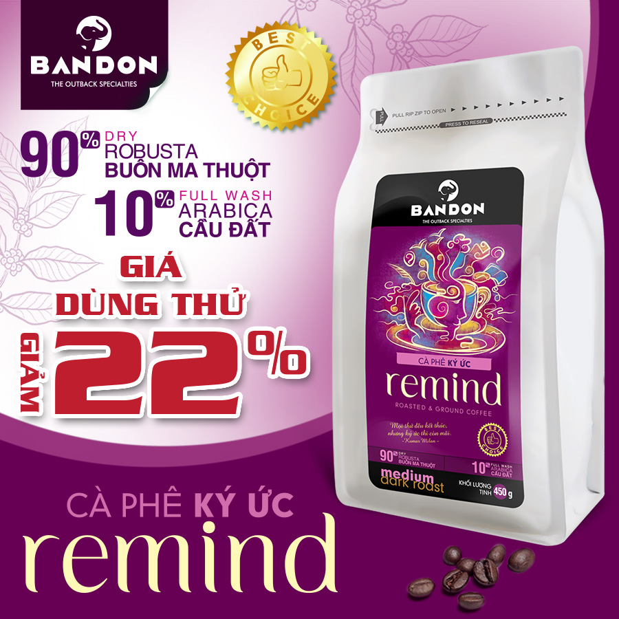 Cà phê phin nguyên chất rang xay mộc sạch BANDON REMIND 450g đắng đậm, thơm mạnh. Cà phê đặc sản