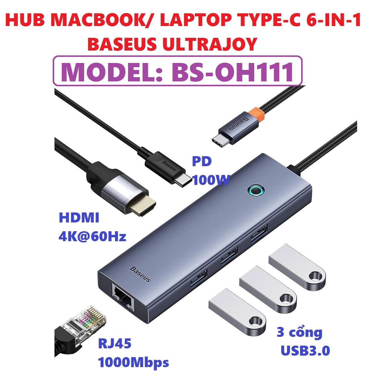 Hub đa năng mở rộng cổng p type C Macbook laptop ra 6 cổng Baseus Clarity docking station BSOH118_ Hàng chính hãng