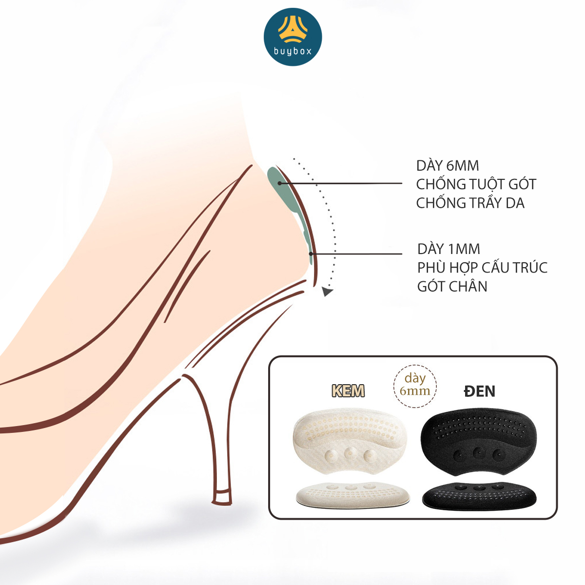 Miếng lót giày cao cấp ép vải, hạt lồi tặng độ bám giúp giảm size giày và chống đau gót sau - BuyBox - BBPK198