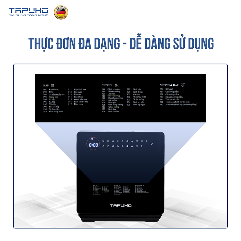 Nồi Chiên Hơi Nước Tapuho TSF16 Dung Tích 16L Công Suất 2800W 60 Chương Trình Nấu Tự Động Quay Gà Nguyên Con Hàng Chính Hãng