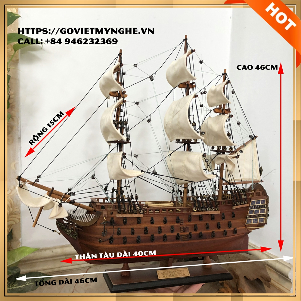 [HMS Victory] Mô hình thuyền gỗ thuyền trang trí tàu chiến cổ HMS Victory - Gỗ căm xe - Thân tàu dài 40cm - Buồm vải bố