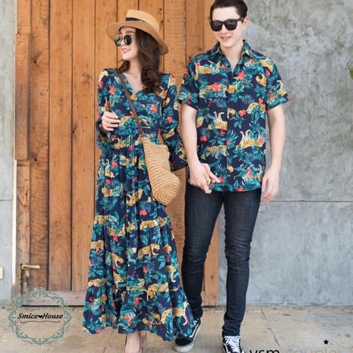 SET ÁO CẶP ĐẦM HOA ĐI BIỂN THỜI TRANG, ĐỒ ĐÔI ÁO SƠ MI ĐẦM MAXI HOA LÁ