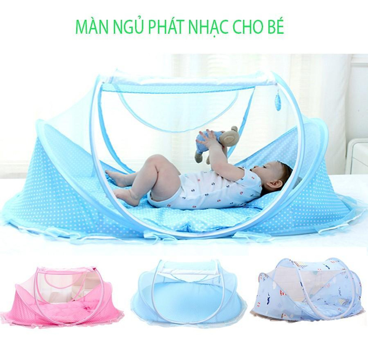 Màn chống muỗi và côn trùng kiểu mới thiết kế phát nhạc ru ngủ cho bé yêu kèm gối và nệm cao cấp - Trọn bộ mùng đệm cho bé ngủ ngon, thích hợp cho trẻ sơ sinh và trẻ nhỏ dưới 4 tuổi