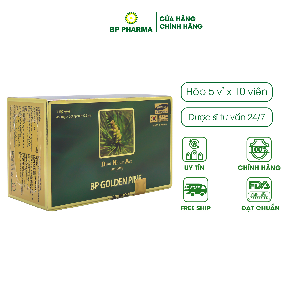 Tinh Dầu Thông Đỏ Hàn Quốc BP Golden Pine, Hỗ Trợ Giảm Mỡ Máu, Ổn Định Huyết Áp, Miễn Dịch - Hộp 5 Vỉ x10v