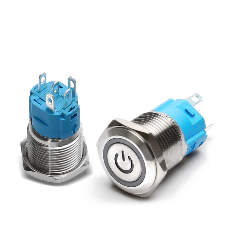 Nút công tắc nguồn nhấn Tự Khóa 16mm Vỏ INOX chống nước, Biểu tượng Nguồn LED