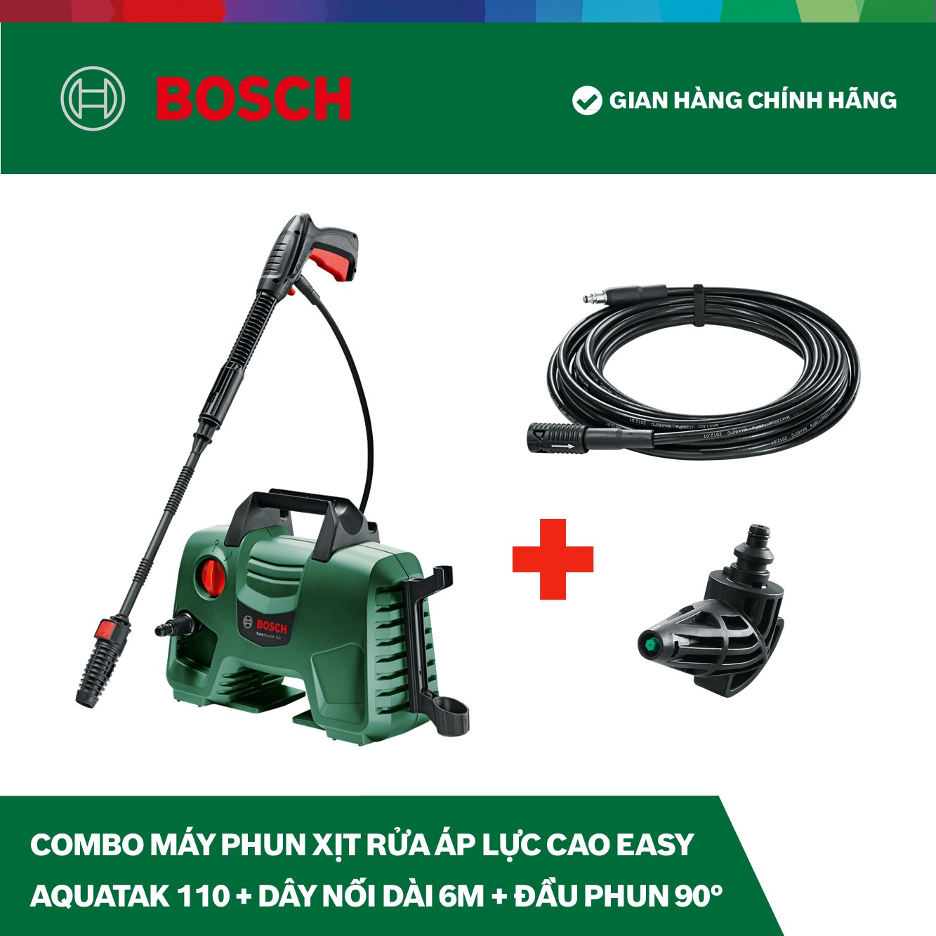 Combo Máy Phun Xịt Rửa Áp Lực Cao Bosch Easyaquatak 110 + Dây Nối Dài 6m Và Đầu Phun 90 Độ