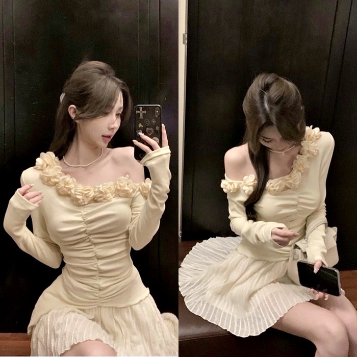 ĐẦM SET ÁO TRỄ VAI ÔM BODY TAY DÀI + CHÂN VÁY NGẮN LƯNG CAO CHỮ A ĐI CHƠI ĐI TIỆC NOEL DẠO PHỐ ĐI BIỂN