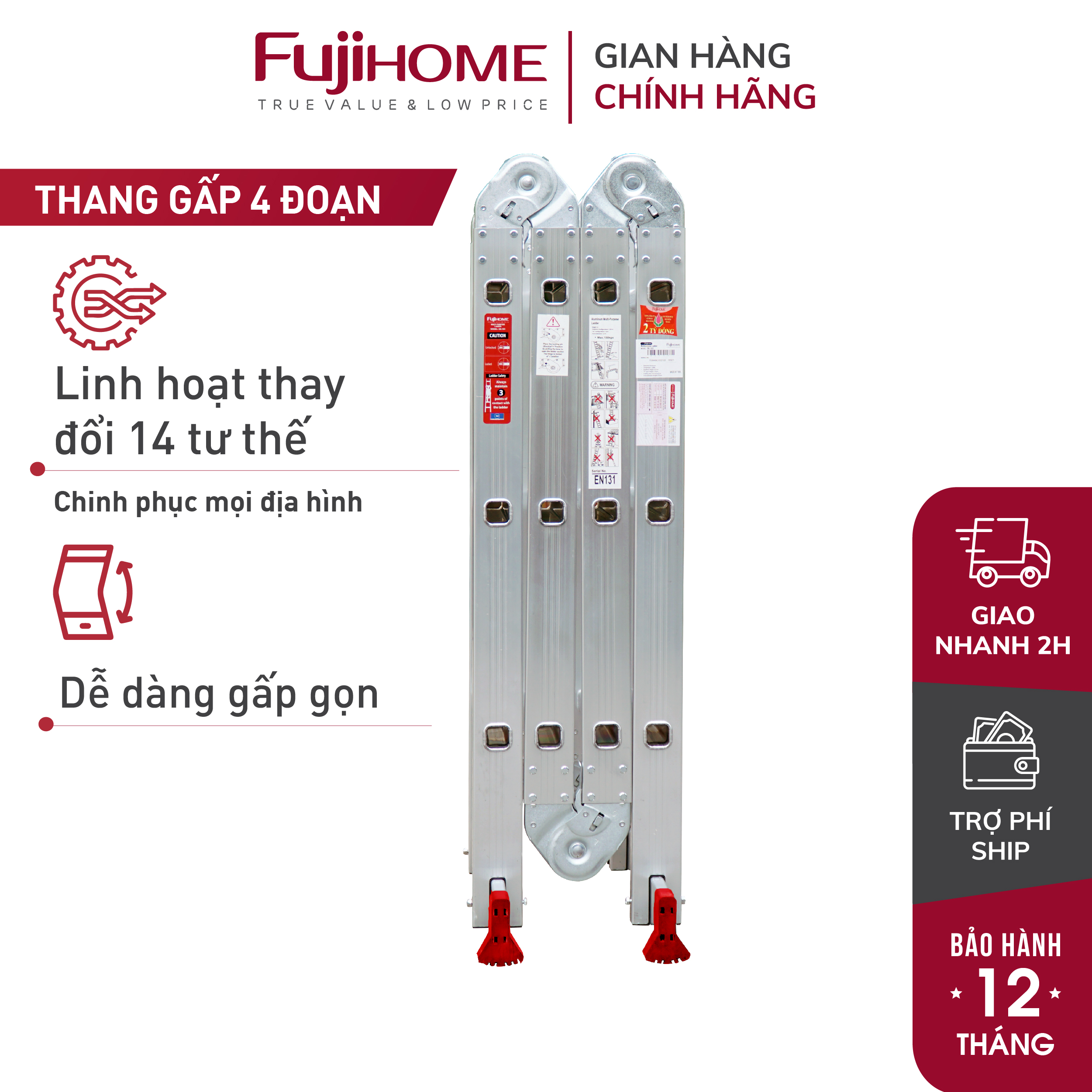 Thang nhôm gấp 4 đoạn FUJIHOME ML103N , chữ A 1.7m- chữ I 3.46m, 14 tư thế sử dụng, tải trọng 150kg, khóa chốt cao cấp và tự động, chân chống trượt - Hàng Chính hãng