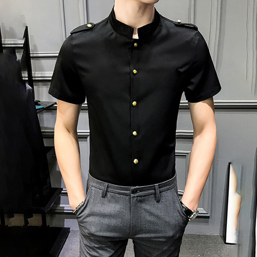 Áo sơ mi nam, Áo sơ mi Nam cộc tay cổ Tàu phối cúc kim loại và đai vai, form Slim Filt mã N21