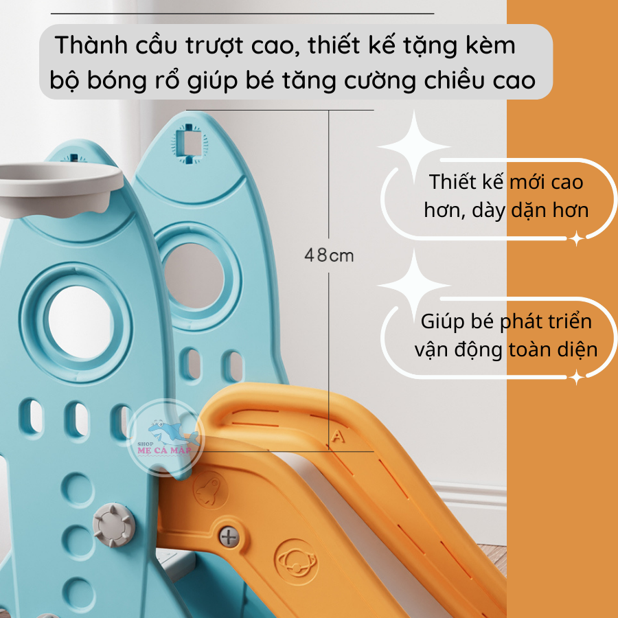 Cầu trượt xích đu cho bé hình Tên Lửa, TẶNG KÈM Bộ bóng rổ sẵn 2 màu