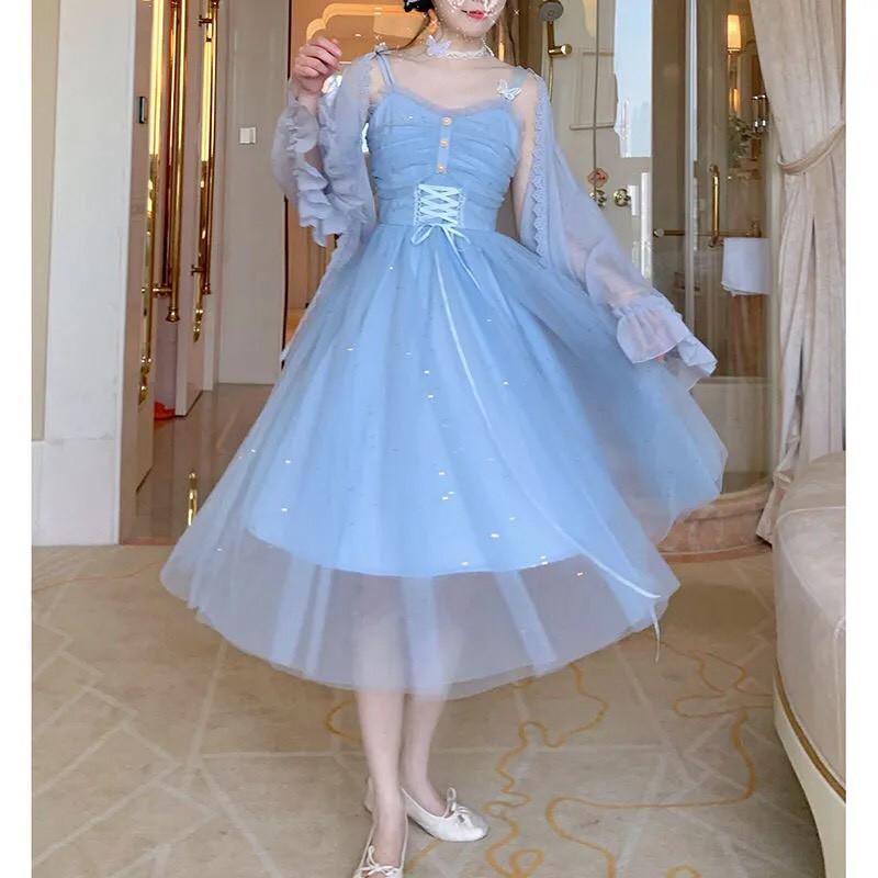 Váy hai dây tiểu thư màu xanh lấp lánh xinh xắn