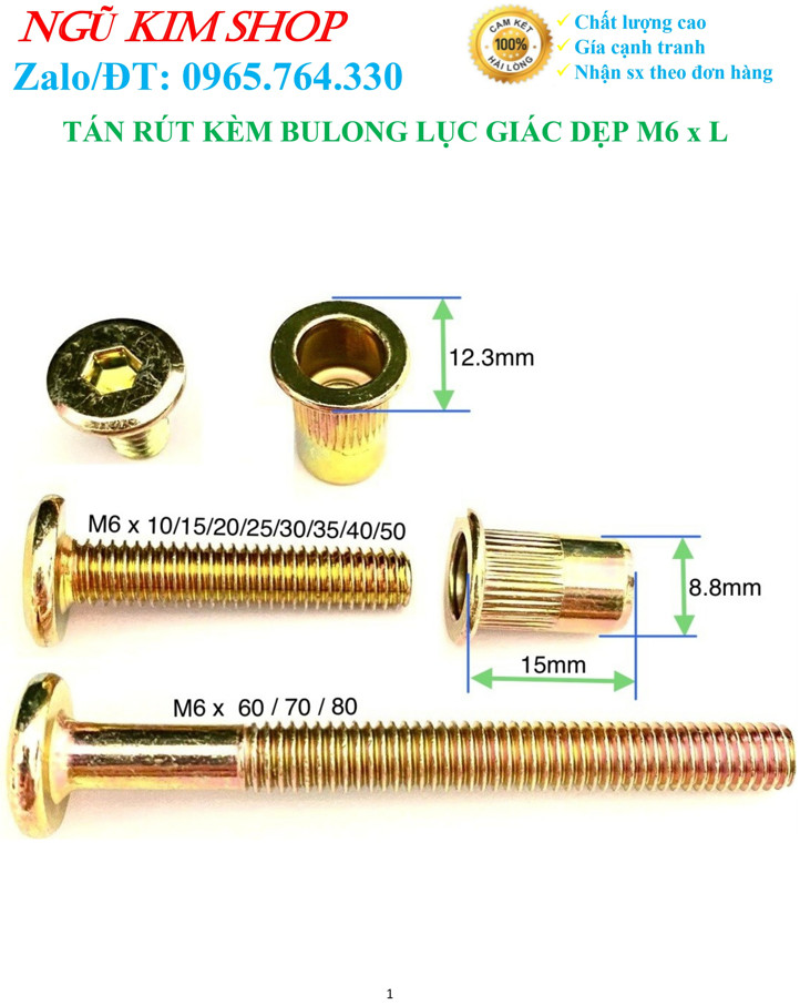 TÁN RÚT KÈM BULONG LỤC GIÁC DẸP M6 x L THEO BỘ