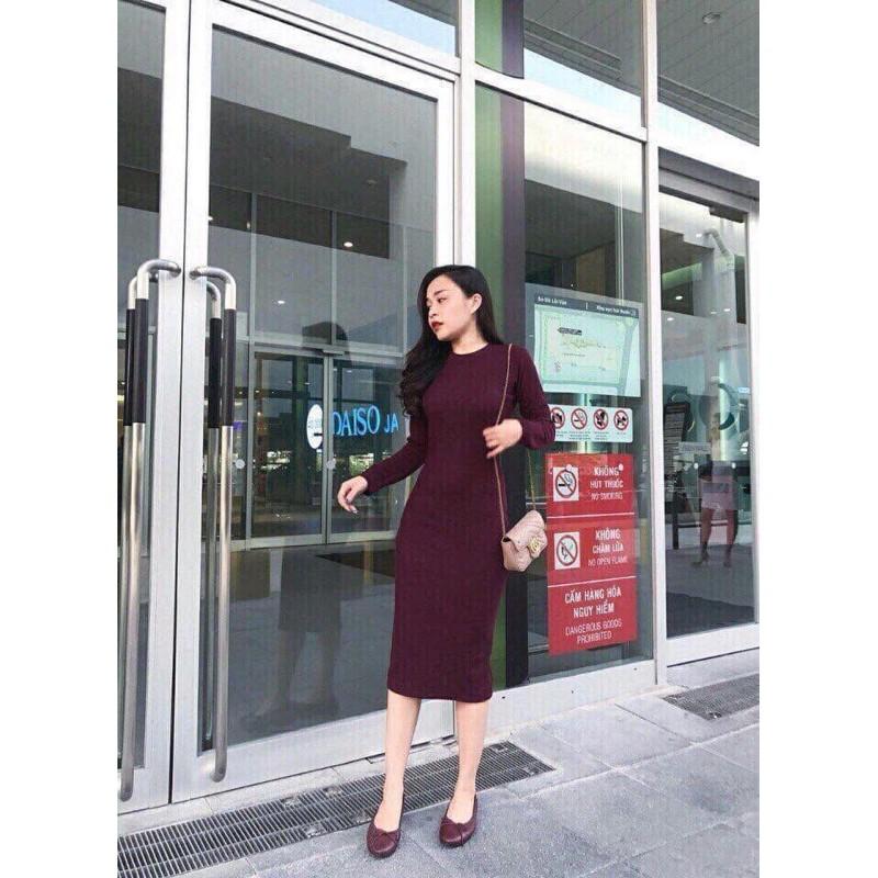 Váy body len tăm dài tay cổ tròn