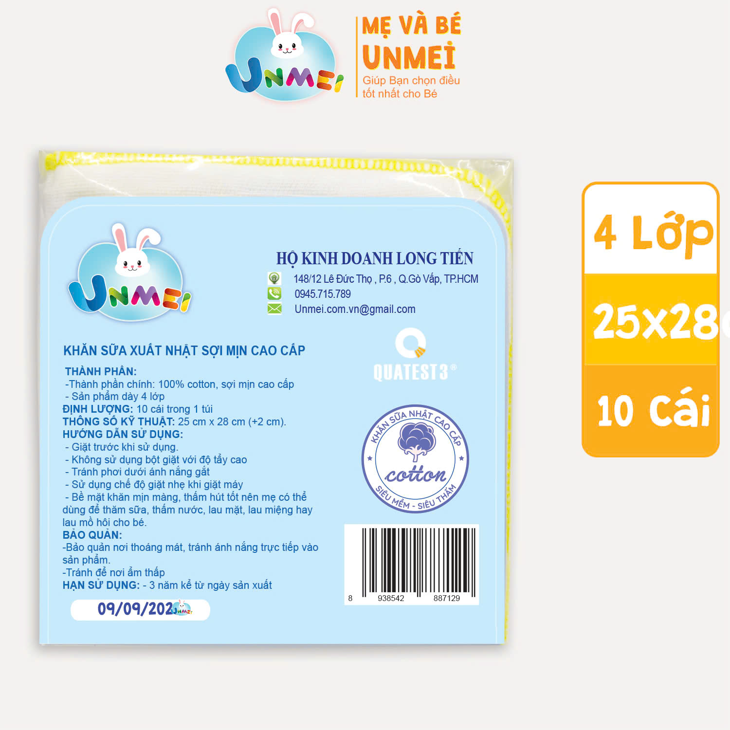 Khăn Sữa Unmei Xuất Nhật Sợi Mịn 100% Cotton, Dày 4 Lớp Dành Cho Bé Từ Sơ Sinh (Kích Thước 25x28cm)