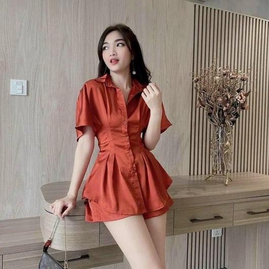 Sét bộ đùi áo cổ sơ mi cài nút ôm eo tay ngắn phối quần đùi phù hợp phong cách mùa hè chất liệu tuyết nhung 4 màu