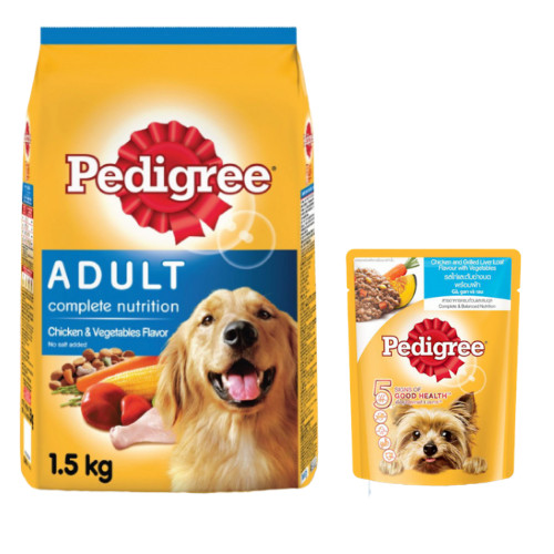 Combo thức ăn cho chó Pedigree 1,5kg vị gà và các loại rau củ + sốt chó lớn Pedigree 80g vị gà,gan và rau