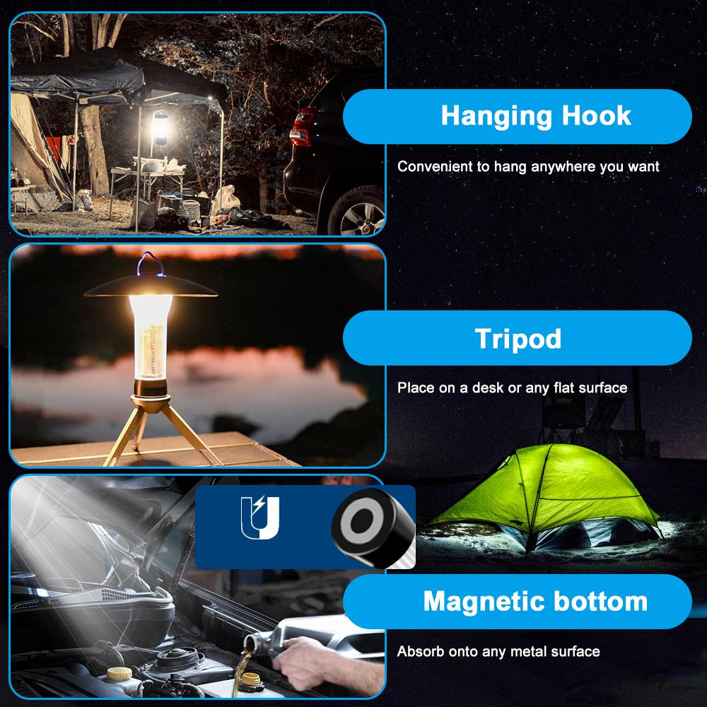TOMSHOO USB Rechargeable Camping Tent Lantern Magnetic Work Light Flashlight with Tripod for Outdoor Camping Emergency
