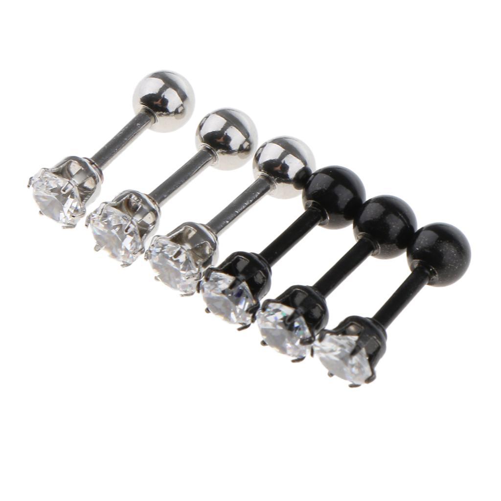6 Pieces Black Silver Crystal Stainless Steel Ear Navel Belly Stud