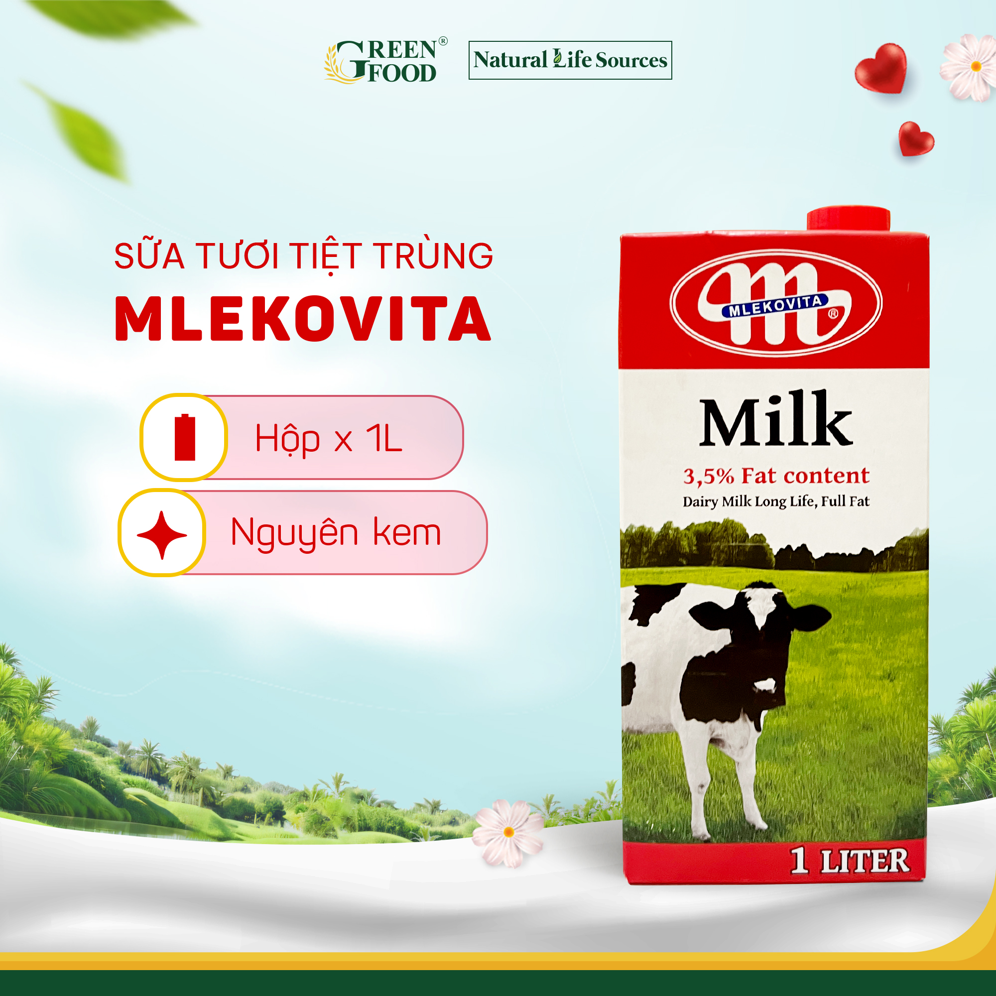 Thùng 12 Hộp Sữa tươi tiệt trùng nguyên kem không đường Mlekovita - Độ béo 3.5% | Hộp 1L, nhập khẩu trực tiếp từ Ba Lan