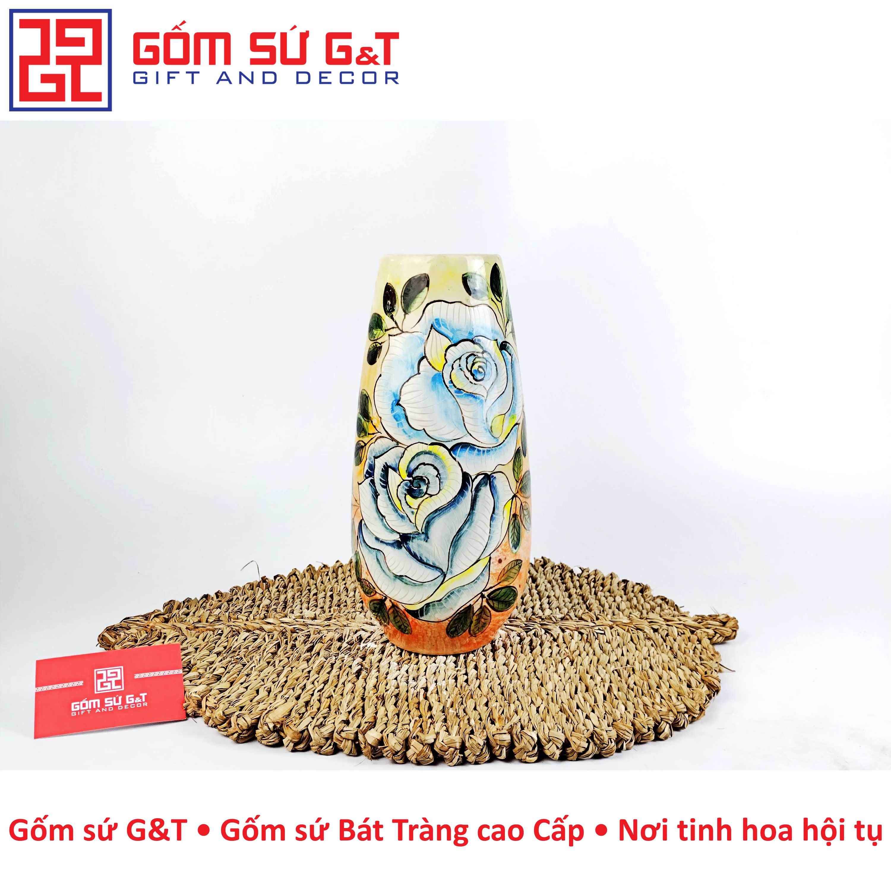 Lọ hoa bom miệng rộng hoa hồng Gốm Sứ G&T