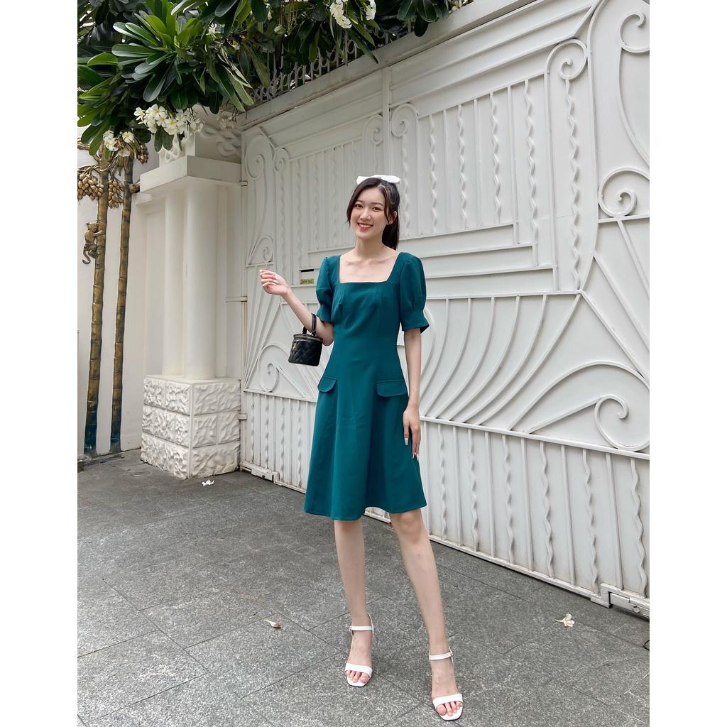 Đầm Dáng Suông, Tay Ngắn, Cách Điệu, Tay Bèo, Có Hai Túi, Khóa Kéo Sau, Màu Xanh - Lovadova 22D04C003