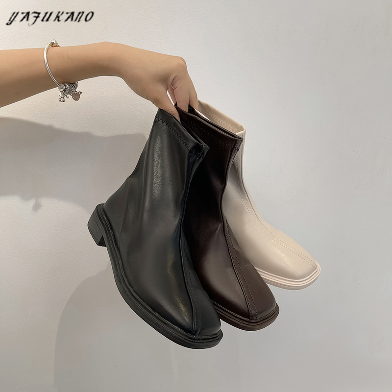 Vuông Hàn Quốc Ngón Chân Retro Cổ Ngắn Tăng 2021 Phụ Nữ Mới Mắt Cá Chân Giày Bốt Đơn Giản Tính Khí Dày Gót Phong Cách Anh Quốc Stovepipe Giày