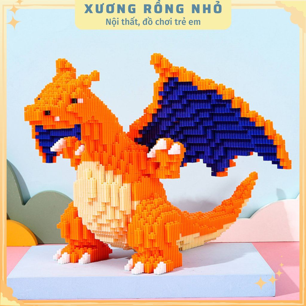 Mô hình Rồng Lửa Charizard cỡ lớn size to 26cm đồ chơi xếp hình nano 3d cho bé chuẩn mẫu, RỒNG CAM 26CM