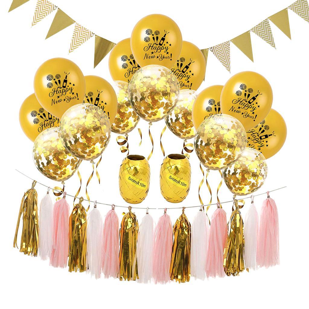 Happy New Year Balloon Tassel Bunting Banner Set Party Decoration Gold