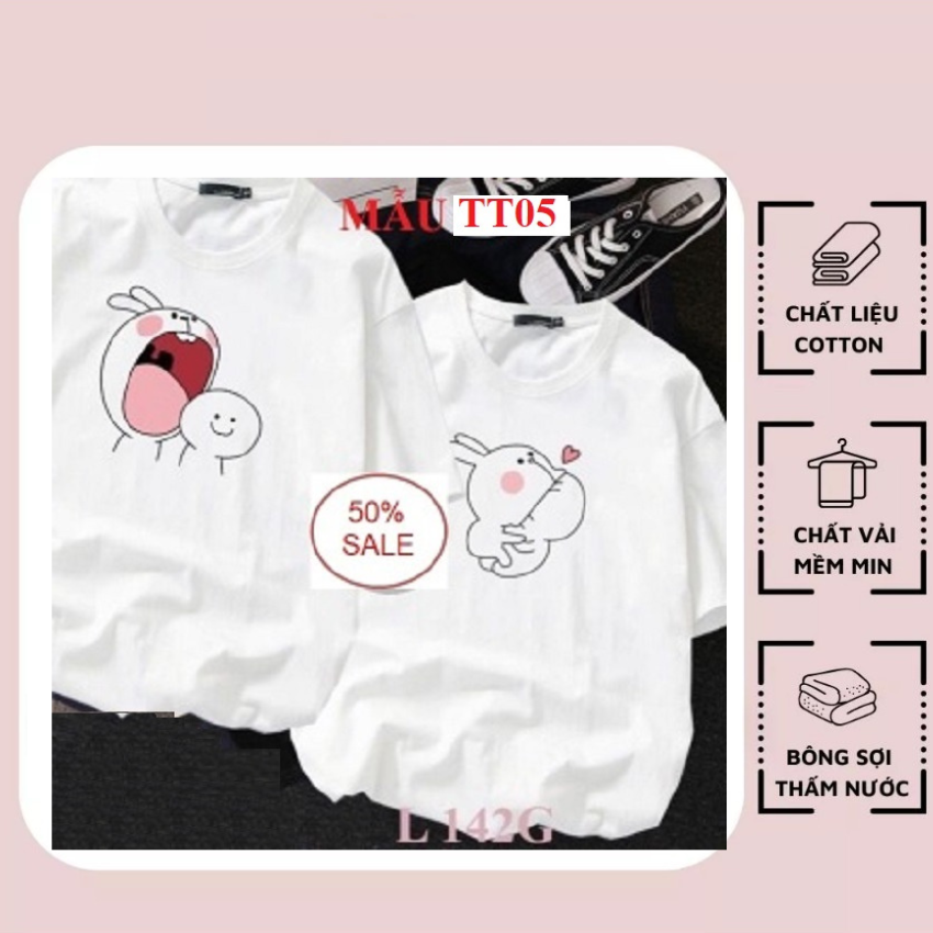 Áo Đôi Nam Nữ TT05, Áo Đôi Phông Rộng In Thỏ Gặm ý Nghĩa, Vải Cotton Thun Thoáng Mát
