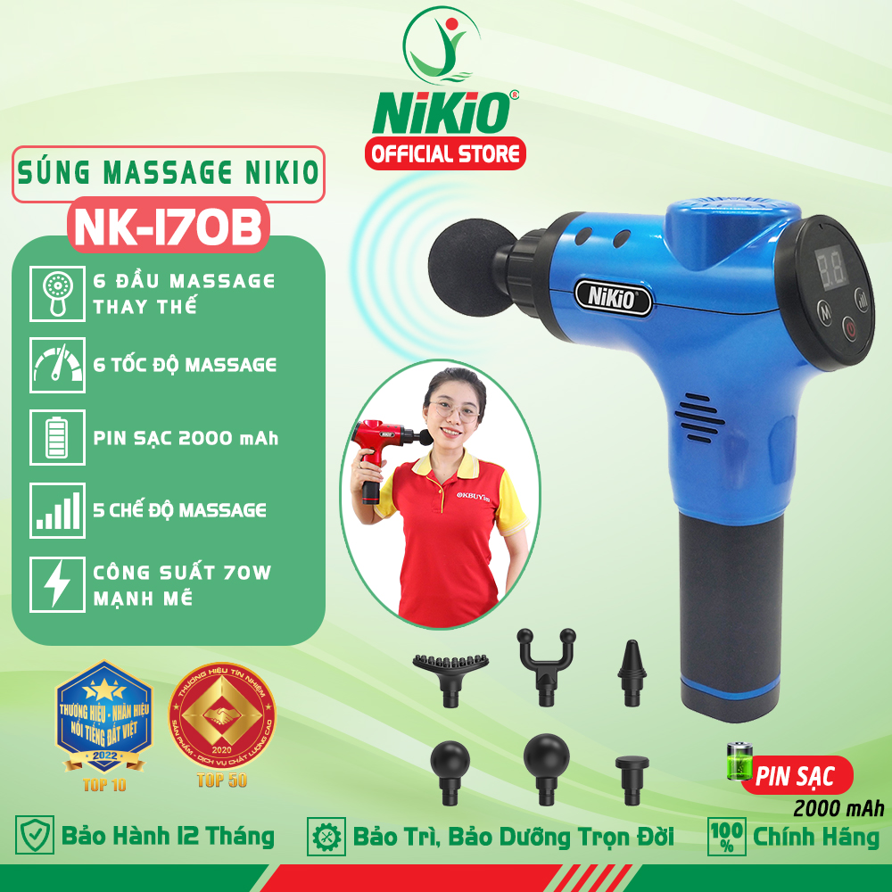 Súng (Máy) Massage Cầm Tay Nikio NK-170B - 6 Đầu Matxa, 5 Chế Độ, 6 Tốc Độ Mát Xa, Pin Sạc Không Dây 2000 mAh - Hỗ Trợ Giãn Cơ Toàn Thân, Giảm Đau Nhức Cơ Bắp Sau Vận Động - Màu Xanh dương