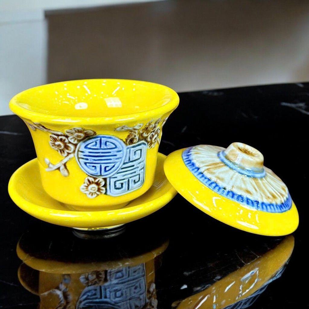 Bát Sâm Đắp Nổi Đào Thọ Men Vàng RỒNG VIỆT– Chén Thờ Gốm Sứ Bát Tràng Cao Cấp