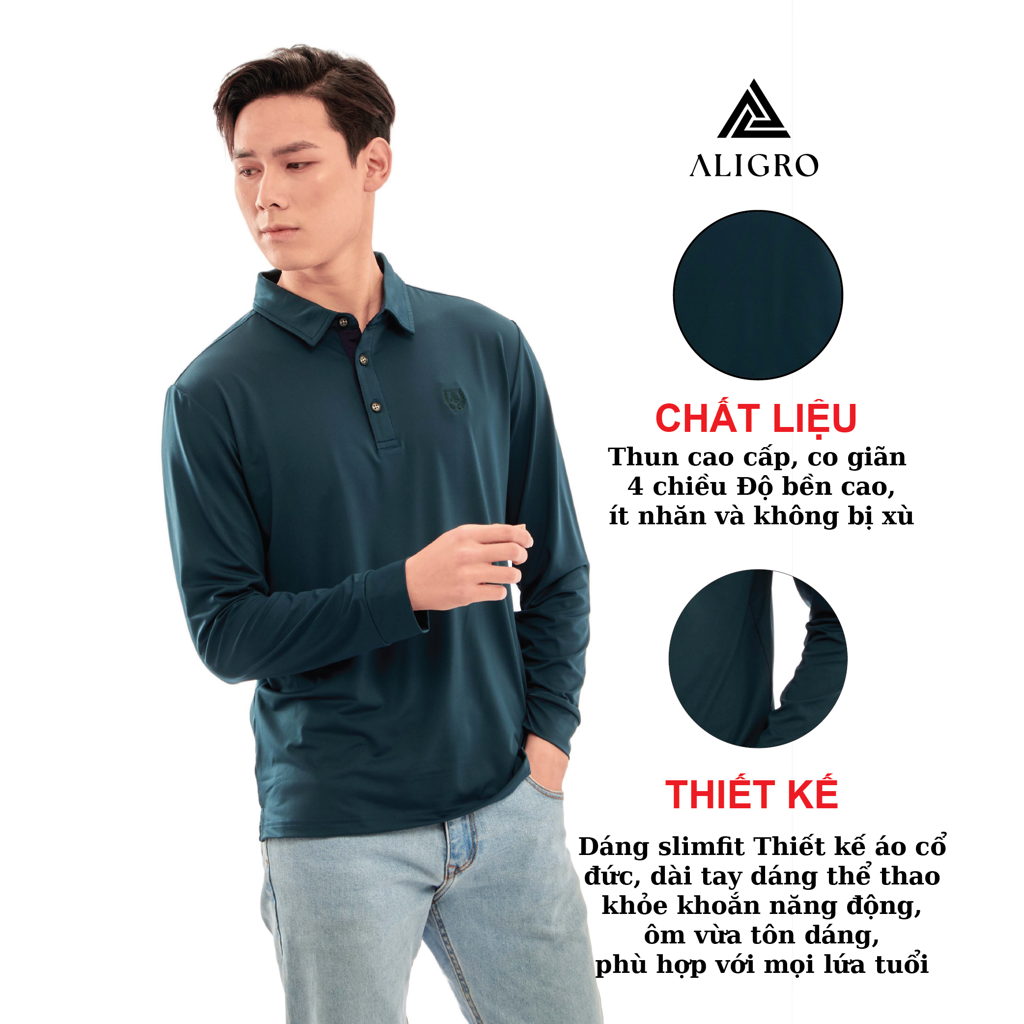 Áo thun nam dài tay ALIGRO chất cotton thấm hút mồ hôi, mềm mại màu xanh cổ vịt ALGAPD052