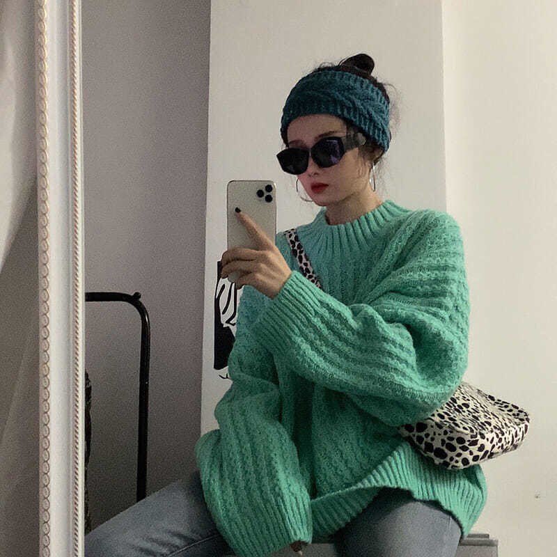 Áo len dáng dài oversize màu xanh mint thời trang Korea