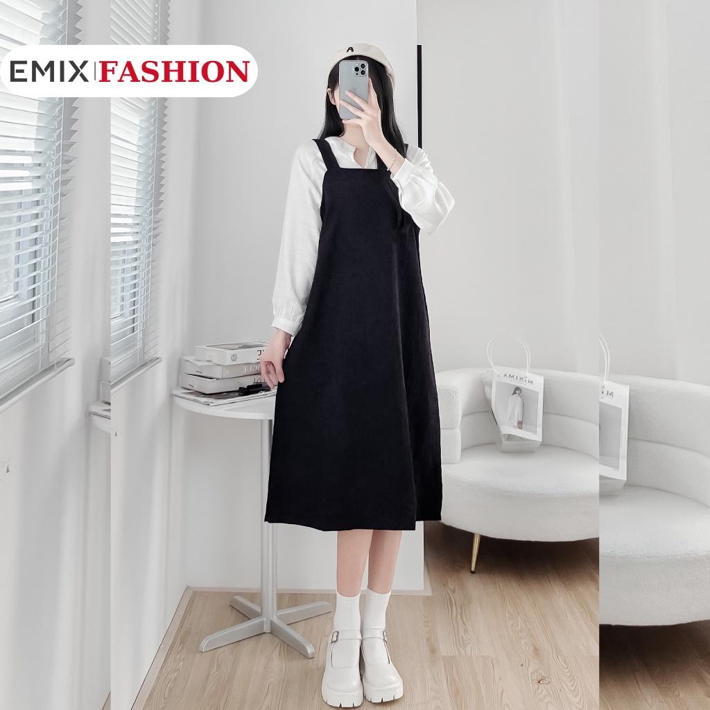 Váy yếm nhung tăm dáng dài EMIX, cổ vuông, midi, freesize dưới 58kg 2614