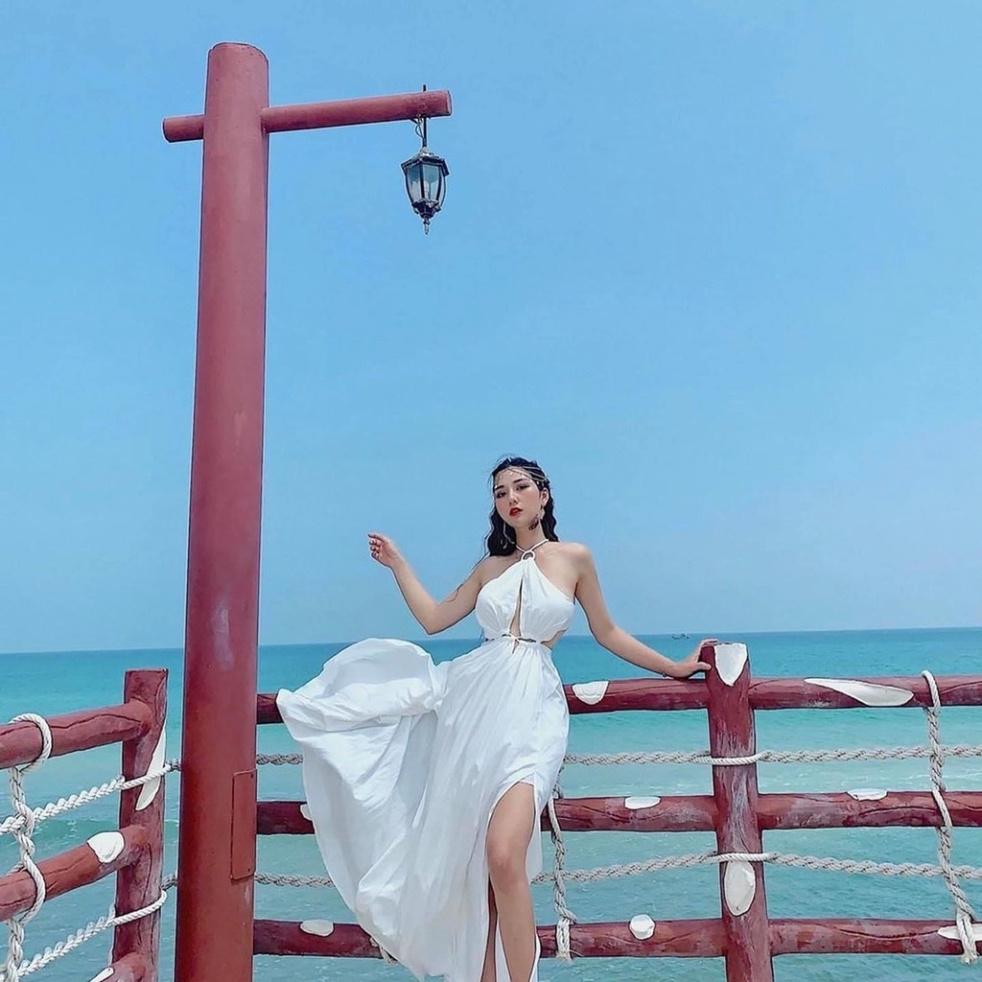 Đầm váy Maxi voan lót lụa xẻ tà khoét ngực cổ yếm cột dây trắng đi biển dự tiệc dạo phố bigsize gợi cảm sexy