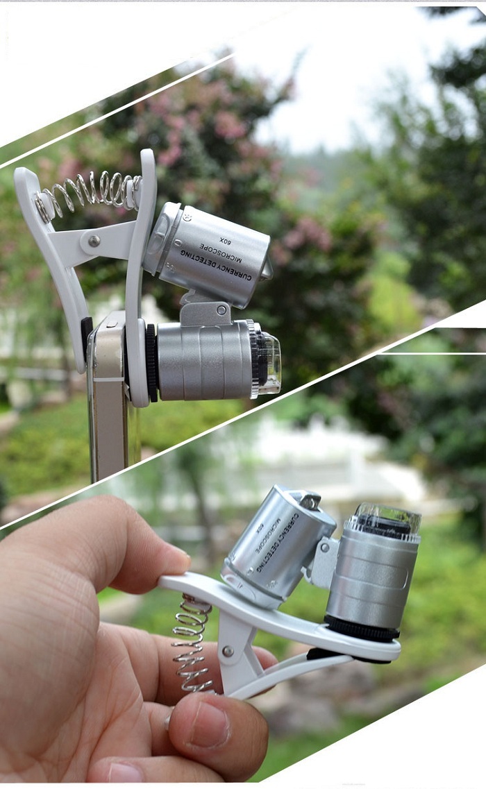Kính lúp mini 60X có đèn led tím soi tiền giả tích hợp kẹp điện thoại