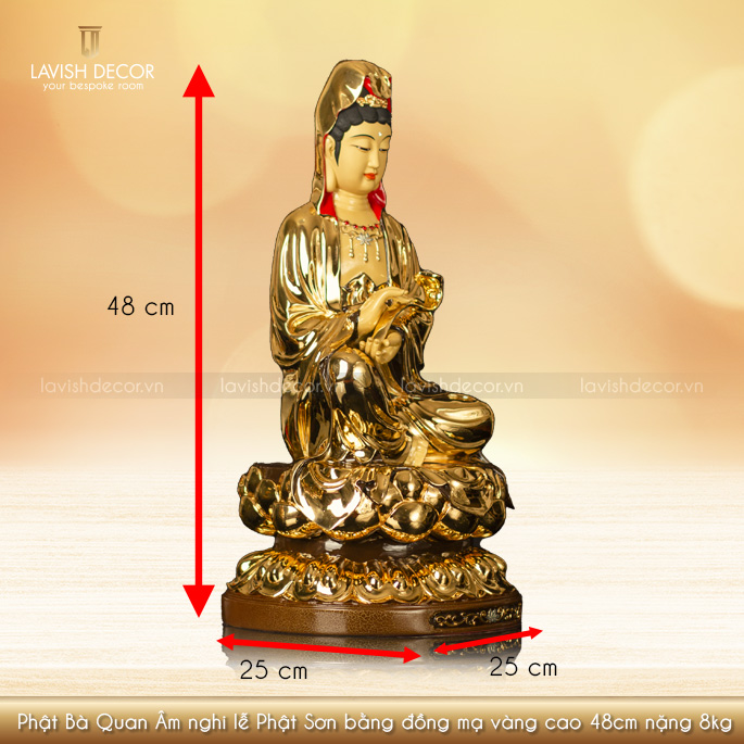Phật Bà Quan Âm Nghi Lễ Phật Sơn bằng đồng mạ vàng cao 48cm nặng 8kg